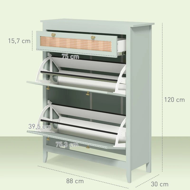 HOMCOM Schuhschrank für 12 Paar Schuhe, mit 1 ausziehbaren Schublade, 2 Flip-Schubladen, Schuhkommode, 88 x 30 x 120 cm, Grün