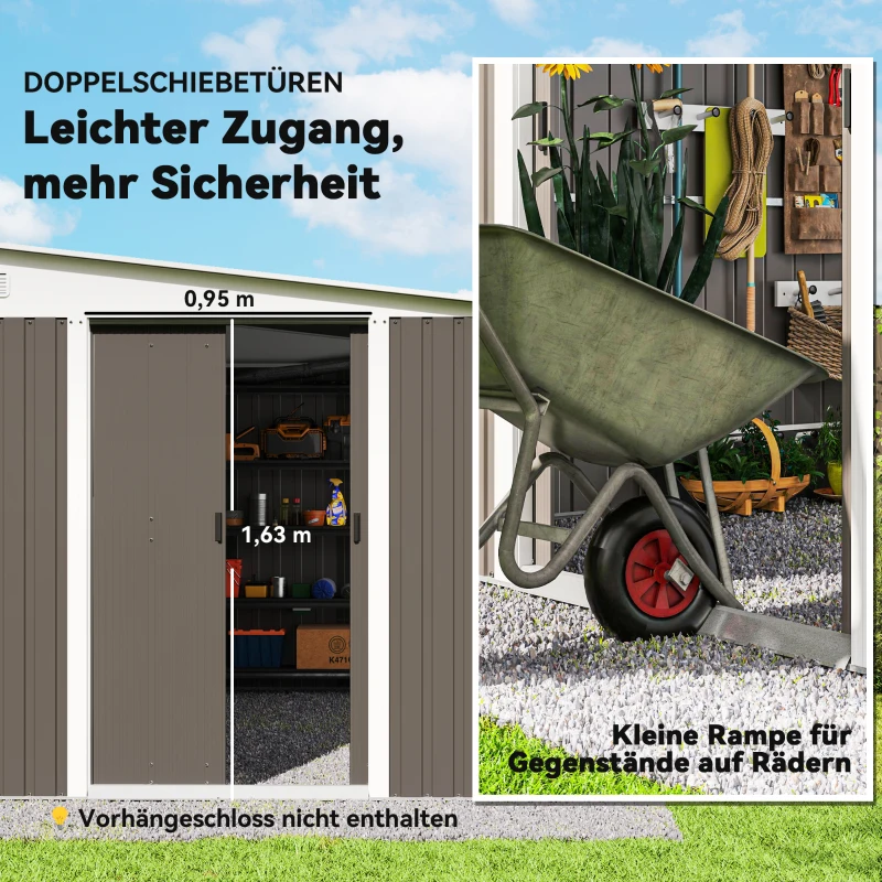 Outsunny Metall-Geräteschuppen Schrägdach verriegelbare Doppeltür 2,8 x 3,45 x 2,01m Grau