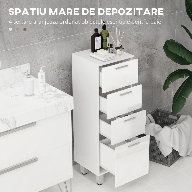Kleankin Dulap Baie 4 Sertare – Alb Lucios, Depozitare Compacta(m-4)
