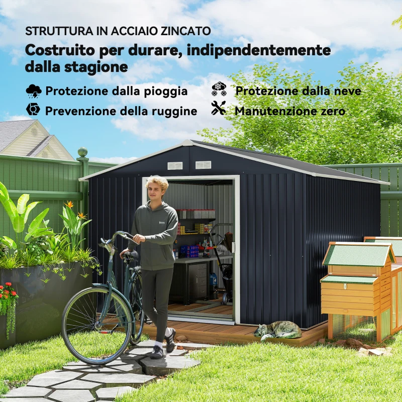 Outsunny Casetta da Giardino con 2 Porte Scorrevoli e 4 Prese d'Aria, in Acciaio, 322x277x192 cm, Grigio