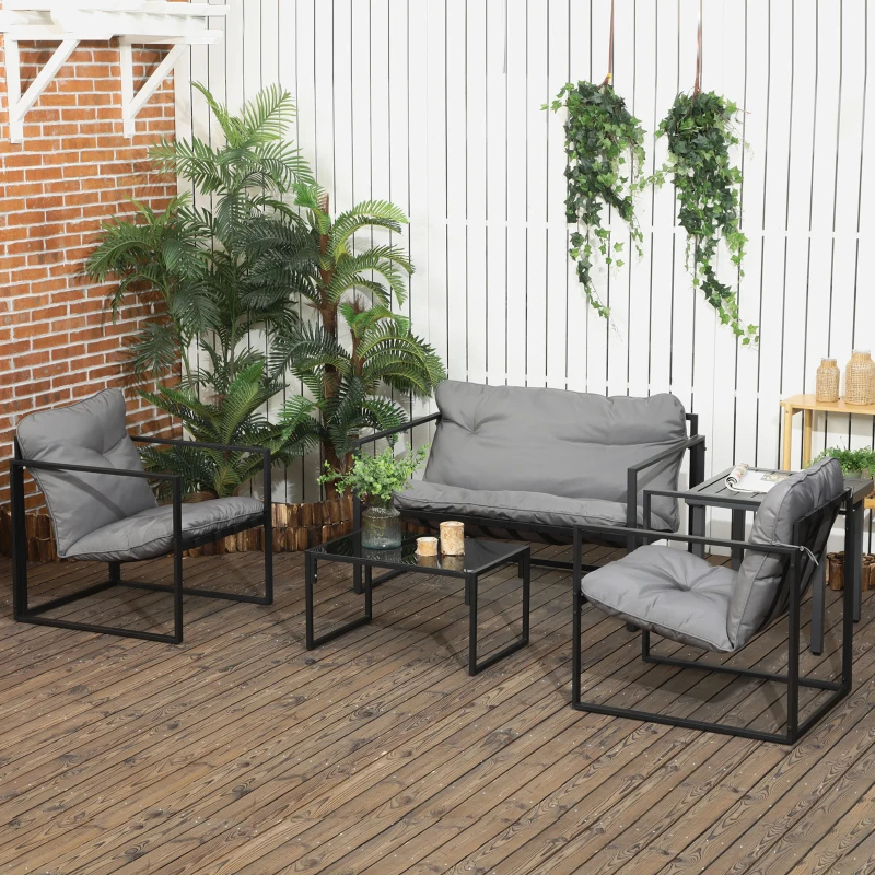 Outsunny Conjunto de sala de jardín 4 piezas 4 personas con sofá de 2 plazas, 2 sillones y 1 mesa de centro Gris(m-8)