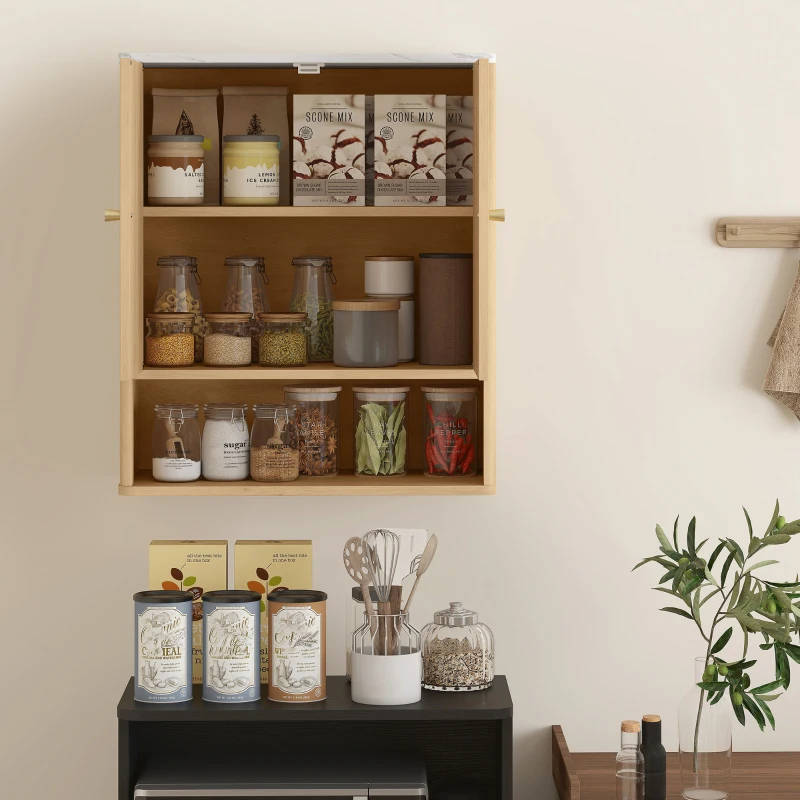 HOMCOM Wandmontierter Badezimmerschrank mit Offenem Regal und Dekorierten Türen, Marmorplatte, 60x18x70 cm, Eiche