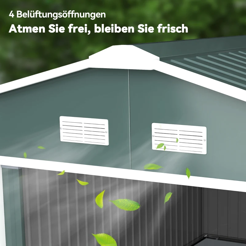 Outsunny Geräteschuppen, Wetterfestes Gartenhaus für Gartengeräte, mit Belüftungsfenstern, Schiebetüren, Stahl, Dunkelgrün(m-8)
