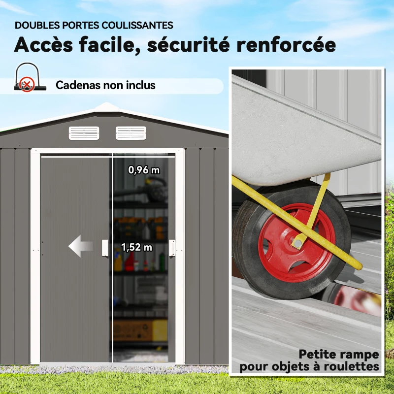 Outsunny Abri de Jardin 4,9 m² cabane de jardin armoire de jardin Dim. 2,77L x 1,95l x 1,92H m Porte coulissante ventilations tôle Acier Gris