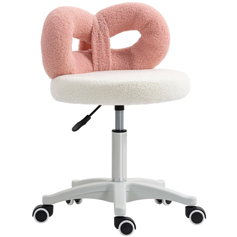 HOMCOM Tabouret avec Roulettes Dossier Hauteur Réglable 63-77 cm Tapissé en Tissu de Peluche Blanc et Rose