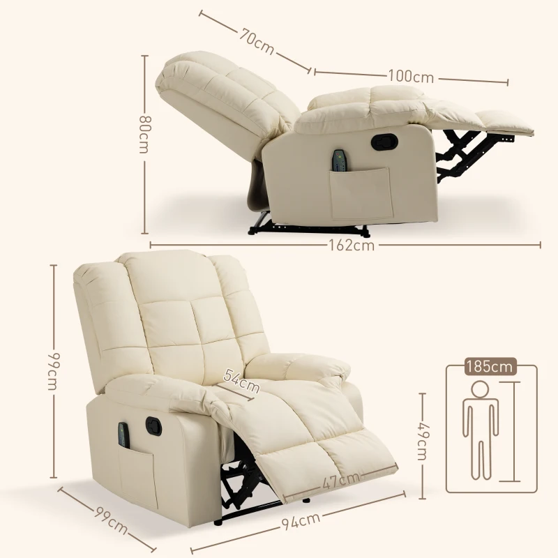 HOMCOM Poltrona de Massagem Poltrona Relax Reclinável com 8 Pontos de Massagem Controlo Remoto Estofada em PU 94x99x99 cm Creme