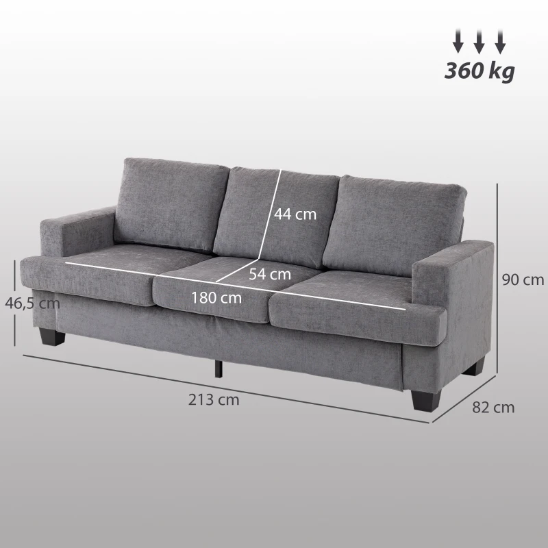 HOMCOM Sofá de 3 Plazas Tapizado en Chenilla Acolchado Grueso Estructura de Acero Diseño Moderno 213x82x90 cm Gris
