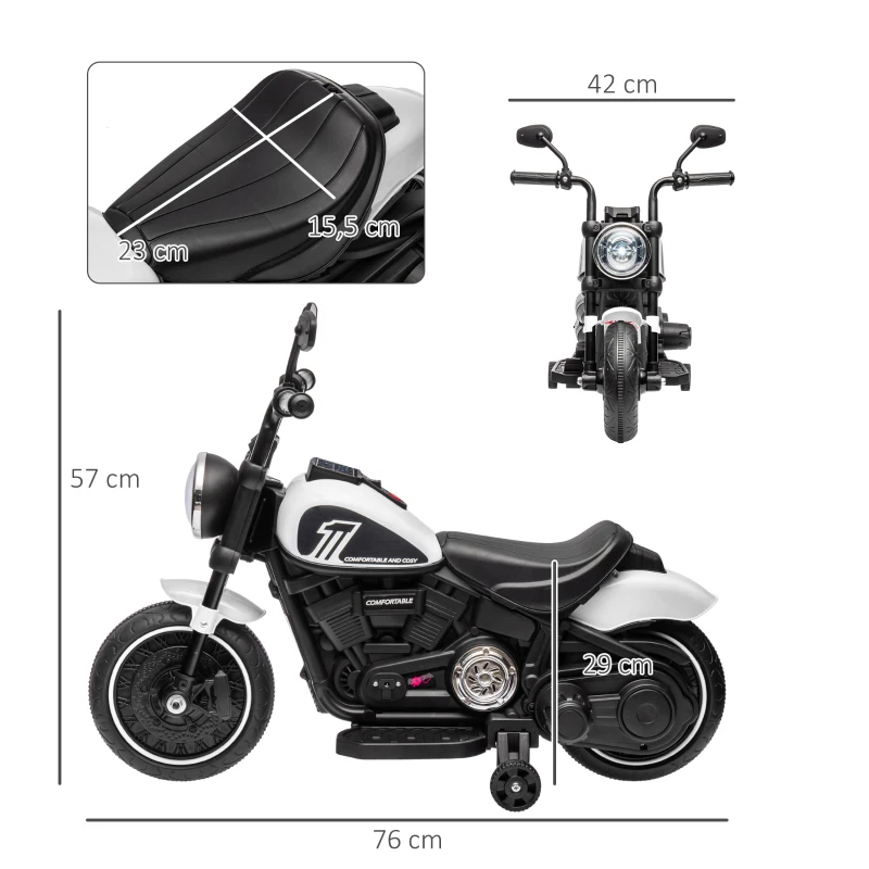 HOMCOM Motocicleta Elétrica para Crianças de 18-36 Meses com Bateria 6V Farol e Rodas Auxiliares Removíveis 76x42x57 cm Branca
