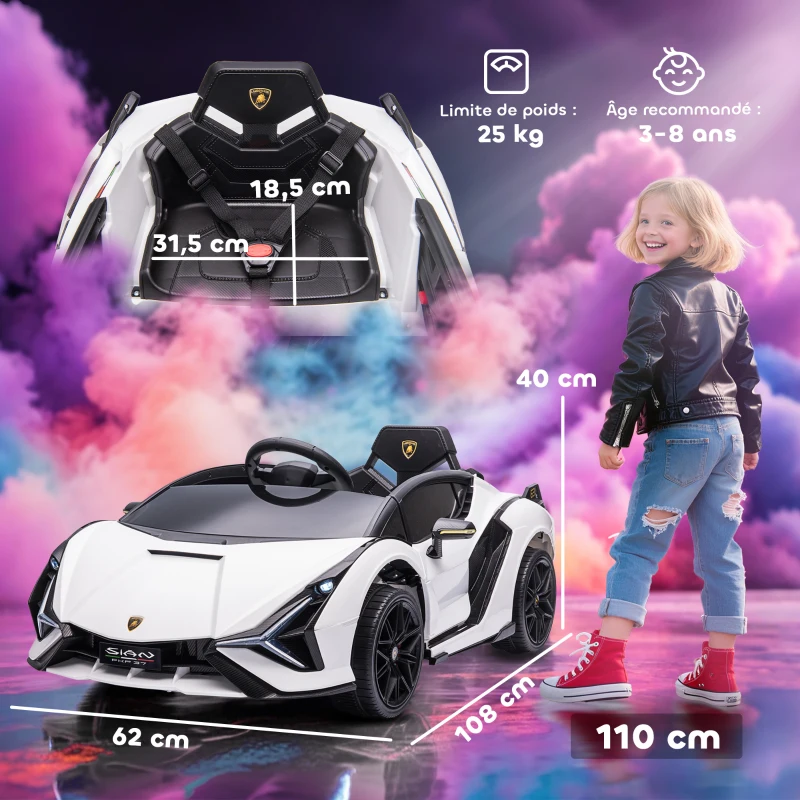 HOMCOM Voiture électrique Enfants de Sport Supercar sous Licence Lamborghini Sian 12 V - V. Max. 5 Km/h avec Télécommande 2,4G Effets sonores + Lumineux Blanc(m-3)