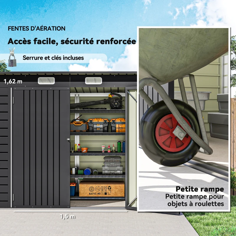 Outsunny Abri de Jardin 2,7 m², Dim. 249 x 121 x 183 cm gants inclus portes doubles verrouillables ventilations tôle acier gris