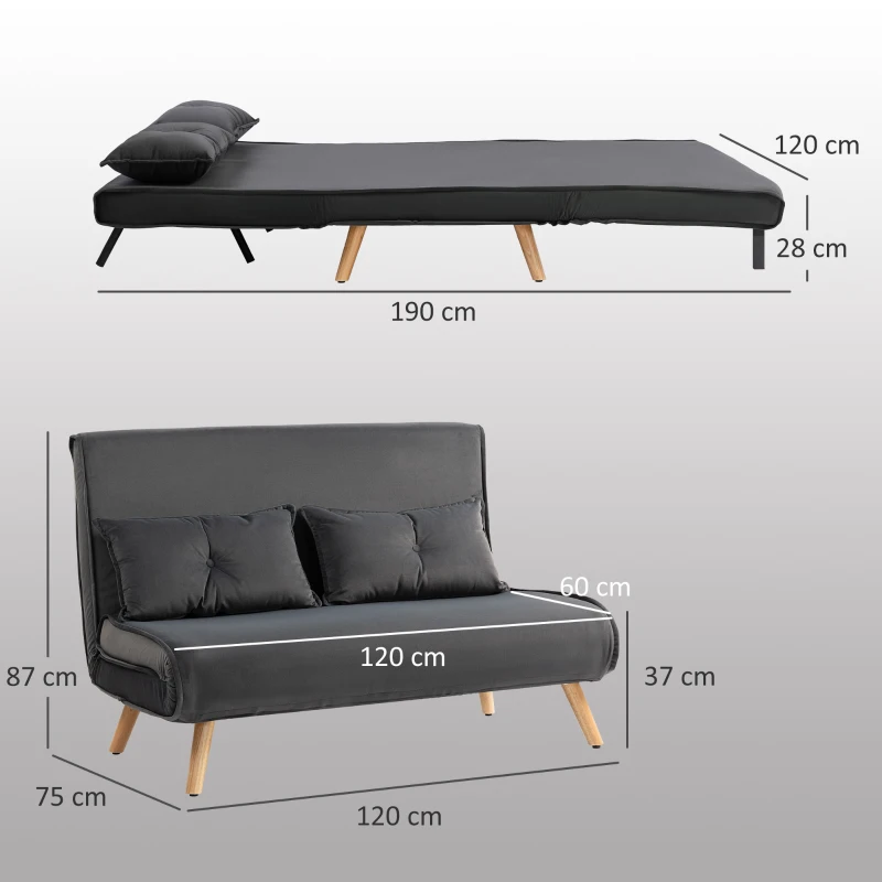 HOMCOM 2-Sitzer-Schlafsofa, Bettsofa, in Bett umwandelbare Couch, verstellbare Rückenlehne, Stoffbezug, Metallrahmen, Grau(m-3)