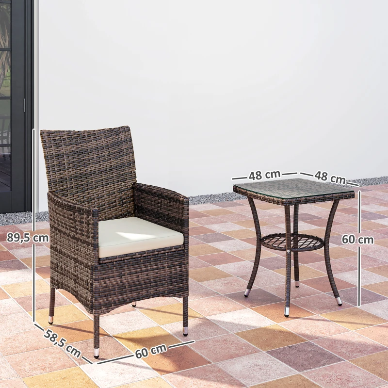 Outsunny Ensemble Salon de Jardin 2 Places : 2 fauteuils et Table Basse Plateau Verre trempé résine tressée Imitation rotin Chocolat foncé Coussins Blanc