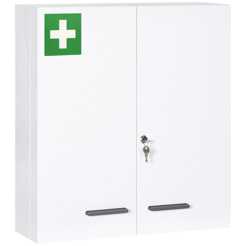 kleankin Armário para Medicamentos Armário de Primeiros Socorros de Parede em Aço de 3 Níveis com Fecho e 2 Chaves 55x18x60 cm Branco