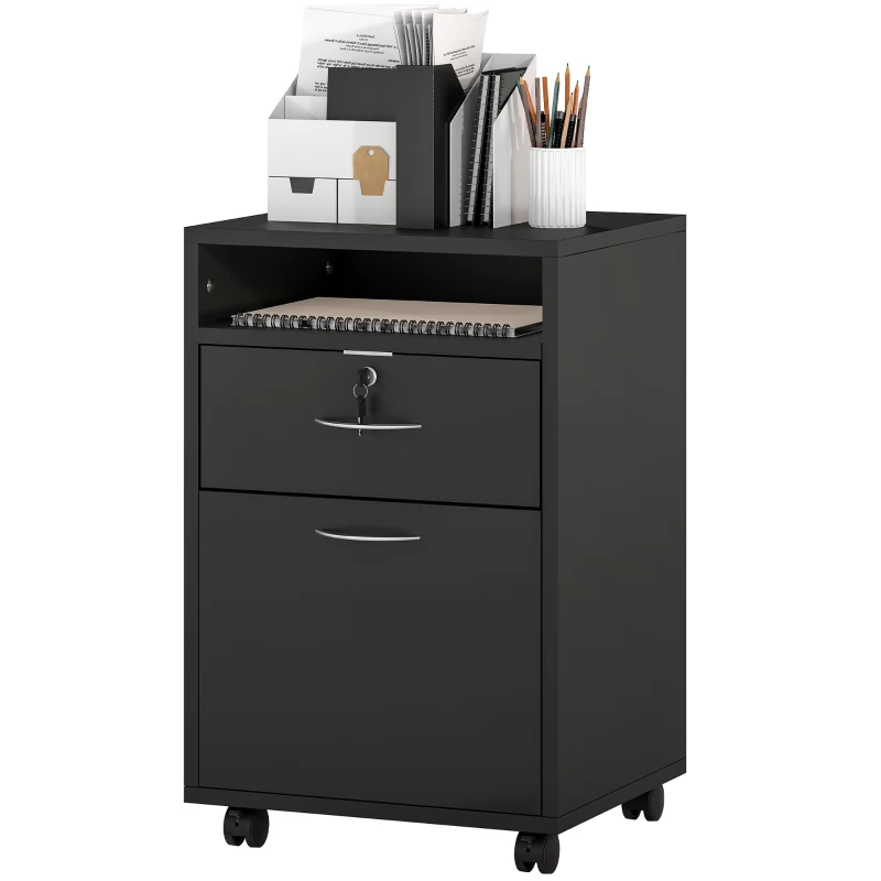 HOMCOM Büroschrank aus Holz mit offenem Regal, Schublade mit Schloss und Schrank, 40x35x60 cm, Schwarz