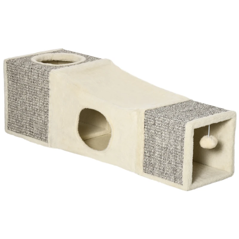 PawHut Túnel para Gatos de Interior Plegable con Múltiples Entradas Casetas de Sisal y Bola Colgante 98x30x30 cm Crema