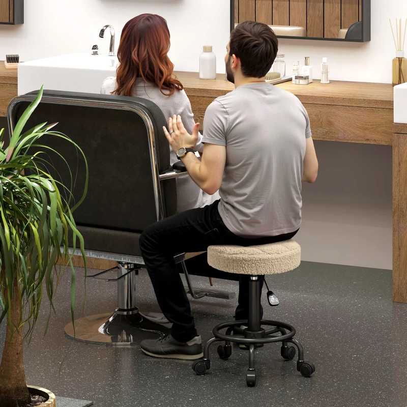 HOMCOM Taburete Giratorio Redondo Taburete con Ruedas Altura Regulable 50-66 cm Asiento Tapizado en Tejido de Borreguito Marrón