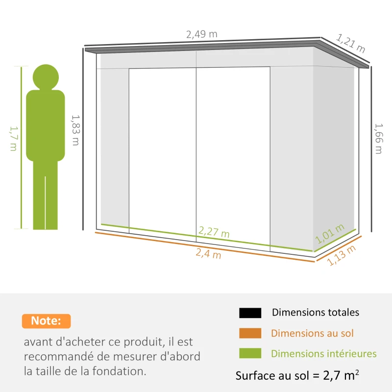 Outsunny Abri de Jardin 2,7 m², Dim. 249 x 121 x 183 cm gants inclus portes doubles verrouillables ventilations tôle acier gris