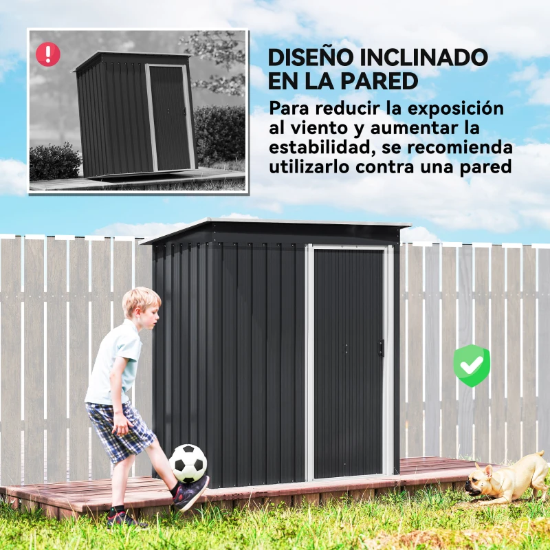 Outsunny Cobertizo de Jardín Exterior 1,16 m² 163x89x182 cm Caseta Metálica con Puerta Corredera y Techo Inclinado Negro