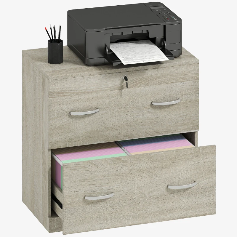 Vinsetto Cassettiera da Scrivania con 2 Cassetti con Guide per Cartelle Sospese per A4 Serratura e 2 Chiavi, 74x42x72 cm, Legno