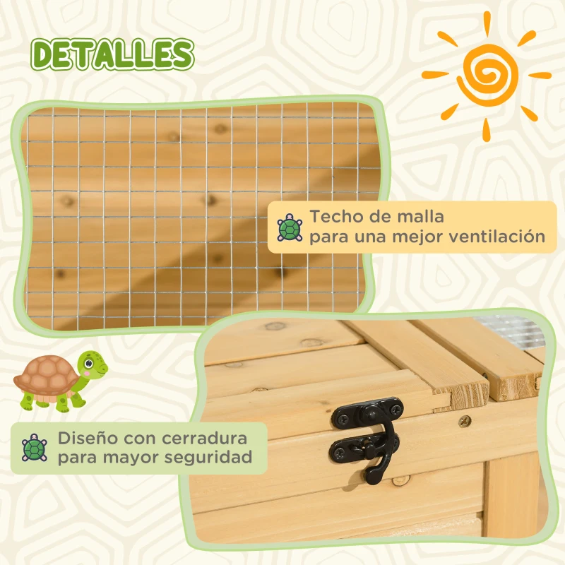 PawHut Casa para Tortugas de Madera con Techo de Malla y Paneles Laterales Transparentes Extraíbles 91x60,5x32 cm Natural