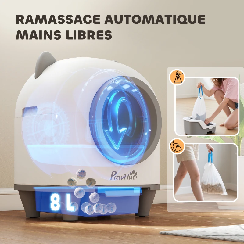 PawHut Bac à litière pour chat autonettoyant 80L, bac à litière automatique contrôle app, anti-pinch, 55,5 x 51 x 60 cm, blanc