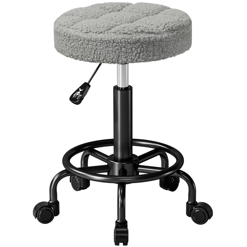 HOMCOM Taburete Giratorio Redondo Taburete con Ruedas Altura Regulable 50-66 cm Asiento Tapizado en Tejido de Borreguito Gris