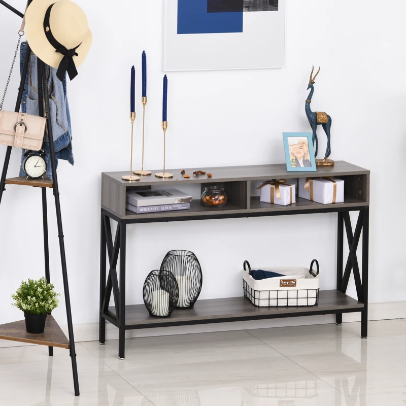 HOMCOM Table Console Table d'Entrée Industriel Multi-rangements 120 x 23,5 x 75 cm Bois Gris