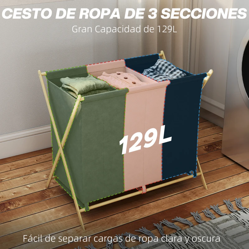 HOMCOM Cesto para Ropa Sucia Plegable con 3 Compartimentos Capacidad 129L con Marco de Bambú y Bolsas Extraíbles Multicolor