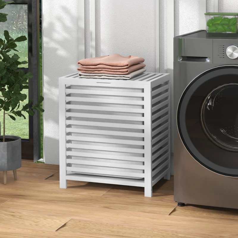 HOMCOM Cesto de Roupa de Bambu Cesto Roupa Suja Capacidade 55L com Bolsa Amovível Forma Retangular 50x36x60 cm Branco