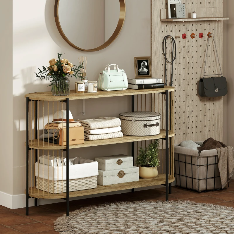 HOMCOM Mesa Consola com Corda de Papel Trançada à Mão Consola de Entrada de 3 Níveis com Estrutura de Aço Estilo Boémio 124x43,5x80 cm Madeira