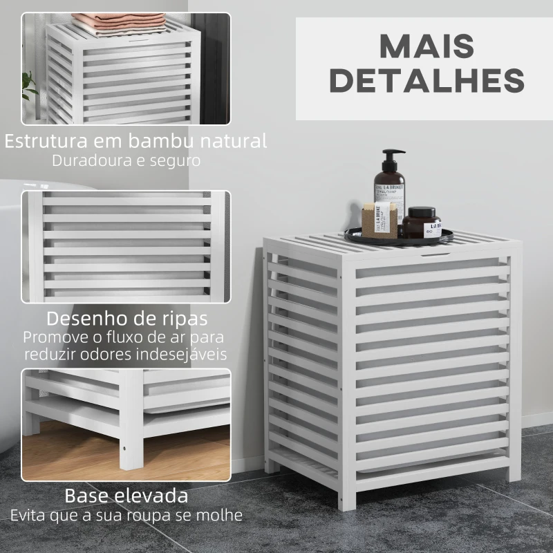 HOMCOM Cesto de Roupa de Bambu Cesto Roupa Suja Capacidade 55L com Bolsa Amovível Forma Retangular 50x36x60 cm Branco