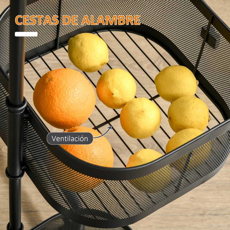 HOMCOM Carrito Auxiliar con Ruedas de 5 Niveles con 4 Cestas de Almacenamiento Giratorias 270° y Bandeja 33x33x77 cm Negro