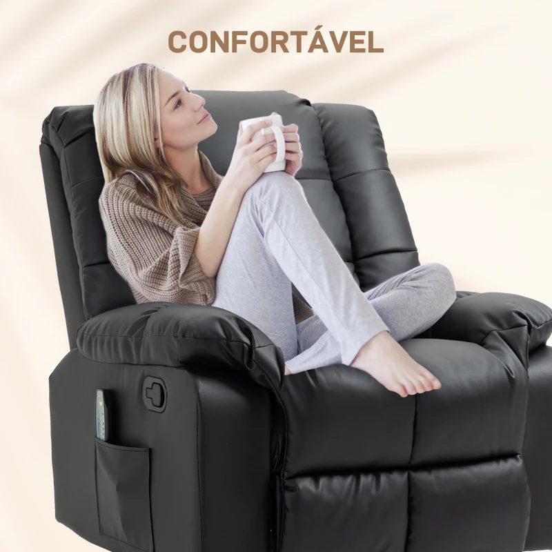 HOMCOM Poltrona de Massagem Poltrona Relax Reclinável com 8 Pontos de Massagem Controlo Remoto Estofada em PU 94x99x99 cm Preto