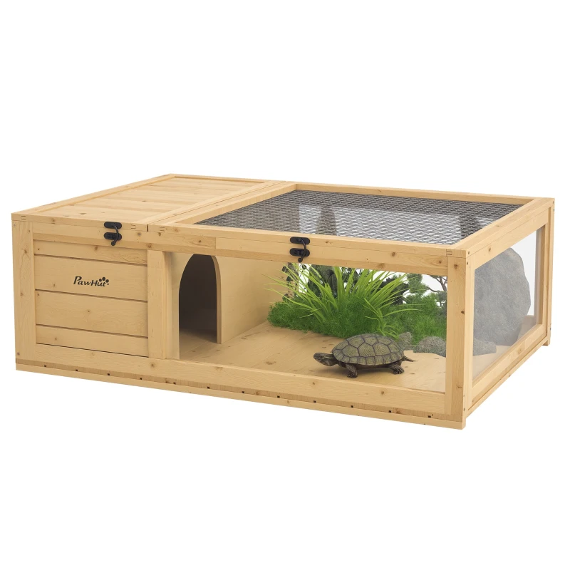 PawHut Casa per Tartarughe di Legno con Tetto in Rete e Pannelli Laterali Trasparenti Rimovibili 91x60,5x32cm Giallo