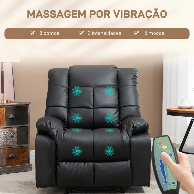 HOMCOM Poltrona de Massagem Poltrona Relax Reclinável com 8 Pontos de Massagem Controlo Remoto Estofada em PU 94x99x99 cm Preto