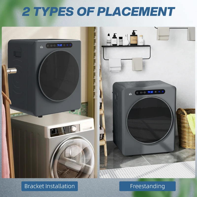 HOMCOM Droogtrommel, 6 Programma's, 40-60℃, 4 kg capaciteit, compact, Touch-bediening, Grijs(m-7)