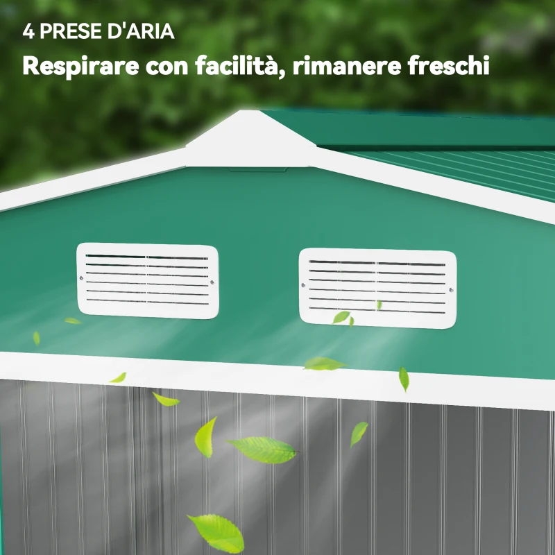 Outsunny Casetta da Giardino 4.9 m² con Fondazione, 4 Prese d'Aria e 2 Porte Scorrevoli, Capanno Porta Attrezzi in Lamiera d'Acciaio, 277x195x192 cm, Verde Scuro