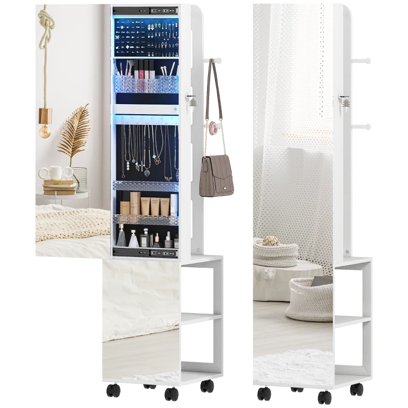 HOMCOM Armadio Portagioie con Specchiera Girevole a 360°, Luce LED Regolabile, Serratura e Ripiani, 37x40x165.5 cm, Nero