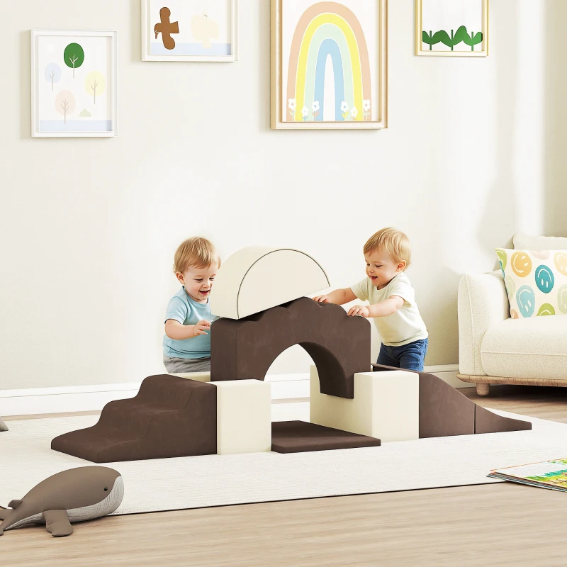 AIYAPLAY 7 Piece Kids Soft Play Set with Detachable Cover, Baby Indoor Climb and Crawl Foam Toy for Toddlers, Preschoolers, Brown