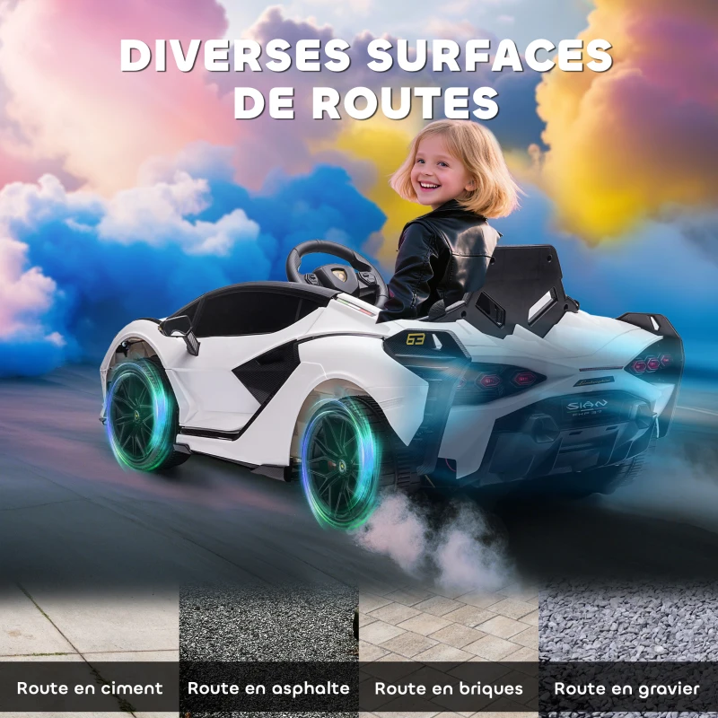 HOMCOM Voiture électrique Enfants de Sport Supercar sous Licence Lamborghini Sian 12 V - V. Max. 5 Km/h avec Télécommande 2,4G Effets sonores + Lumineux Blanc(m-7)