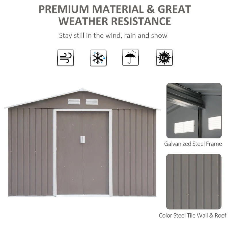 Outsunny 9 x 6FT Outdoor Garden Roofed Metal Storage Shed Tool Box with Foundation Ventilation & Doors Light, Grey(m-4)