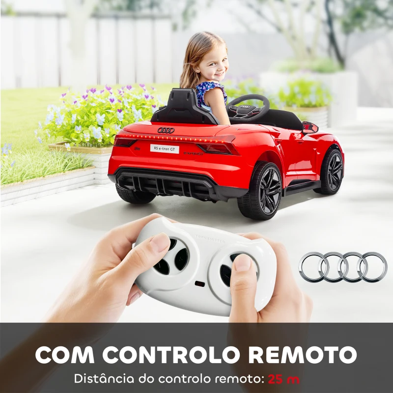 HOMCOM Carro Elétrico AUDI RS E-Tron GT 12V com 2 Motores Controlo Remoto Faróis LED Buzina Música USB 3-5km/h 103x58x41 cm Vermelho