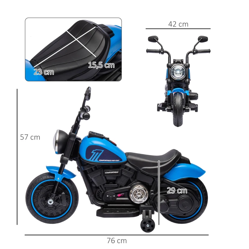 HOMCOM Motocicleta Elétrica para Crianças de 18-36 Meses com Bateria 6V Farol e Rodas Auxiliares Removíveis 76x42x57 cm Azul