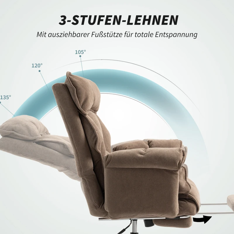 HOMCOM Ergonomische Bureaustoel met Verstelbare Rugleuning en Voetensteun, Zacht Stof, Lichtbruin(m-6)