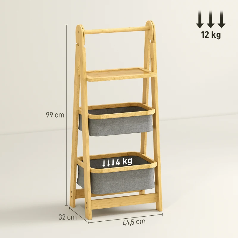 HOMCOM Etagère de Salle de Bain Pliable en Bambou avec 2 Paniers pour Linge Sale Etagère Ouverte Gris