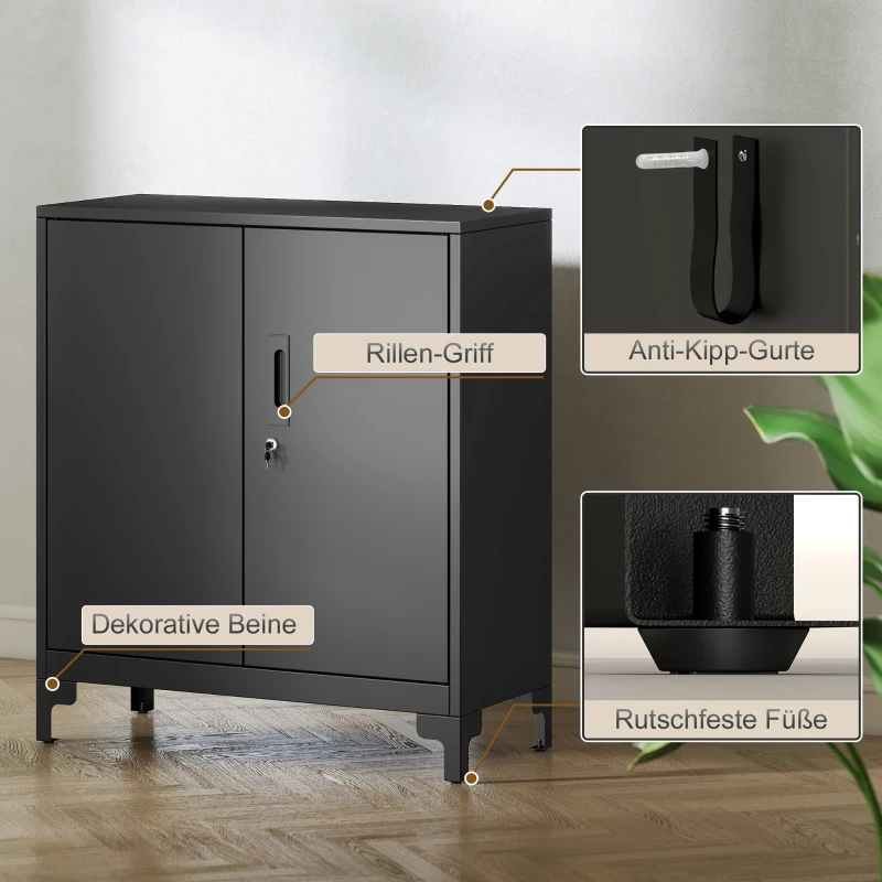 HOMCOM Büroschrank aus Metall, verschließbare Türen, Bürokommode, 2-stufiges Design, Schwarz(m-6)