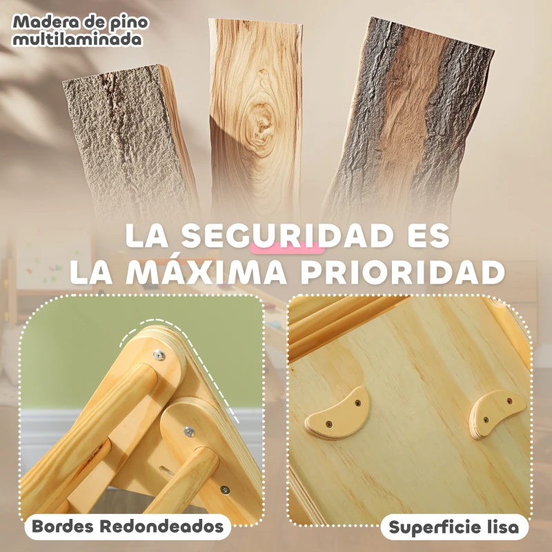AIYAPLAY Triángulo de Escalada de Madera 3 en 1 con Rampa para Deslizarse o Escalar 147x64,5x63 cm Natural
