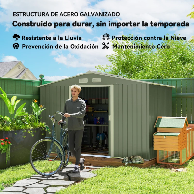 Outsunny Cobertizo de Jardín 4,9 m² 277x195x192 cm con 2 Puertas Corredizas Base Refuerzo (Suelo NO Incluido) Verde Claro