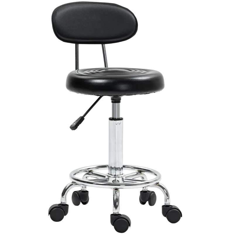 HOMCOM Tabouret à roulettes, tabouret de massage avec hauteur réglable 70-86 cm et dossier, pivotant 360°, noir