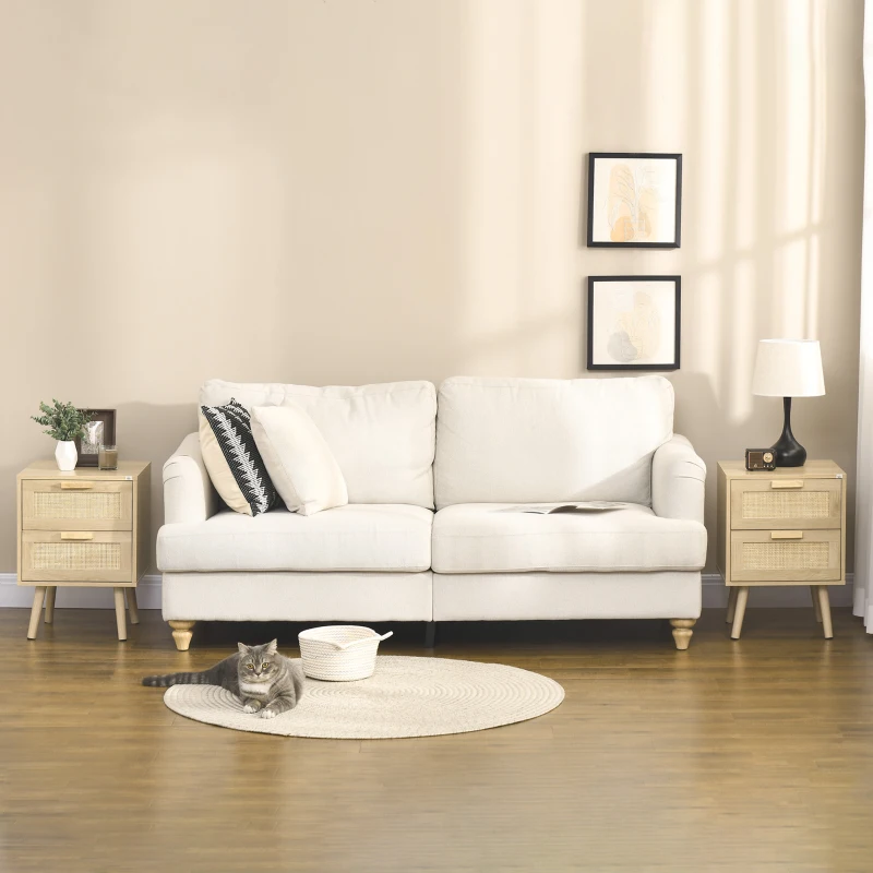 HOMCOM Conjunto de 2 mesitas de noche mesas auxiliares 2 cajones fachadas de mimbre estilo bohemio 40x40x56 cm natural(m-9)